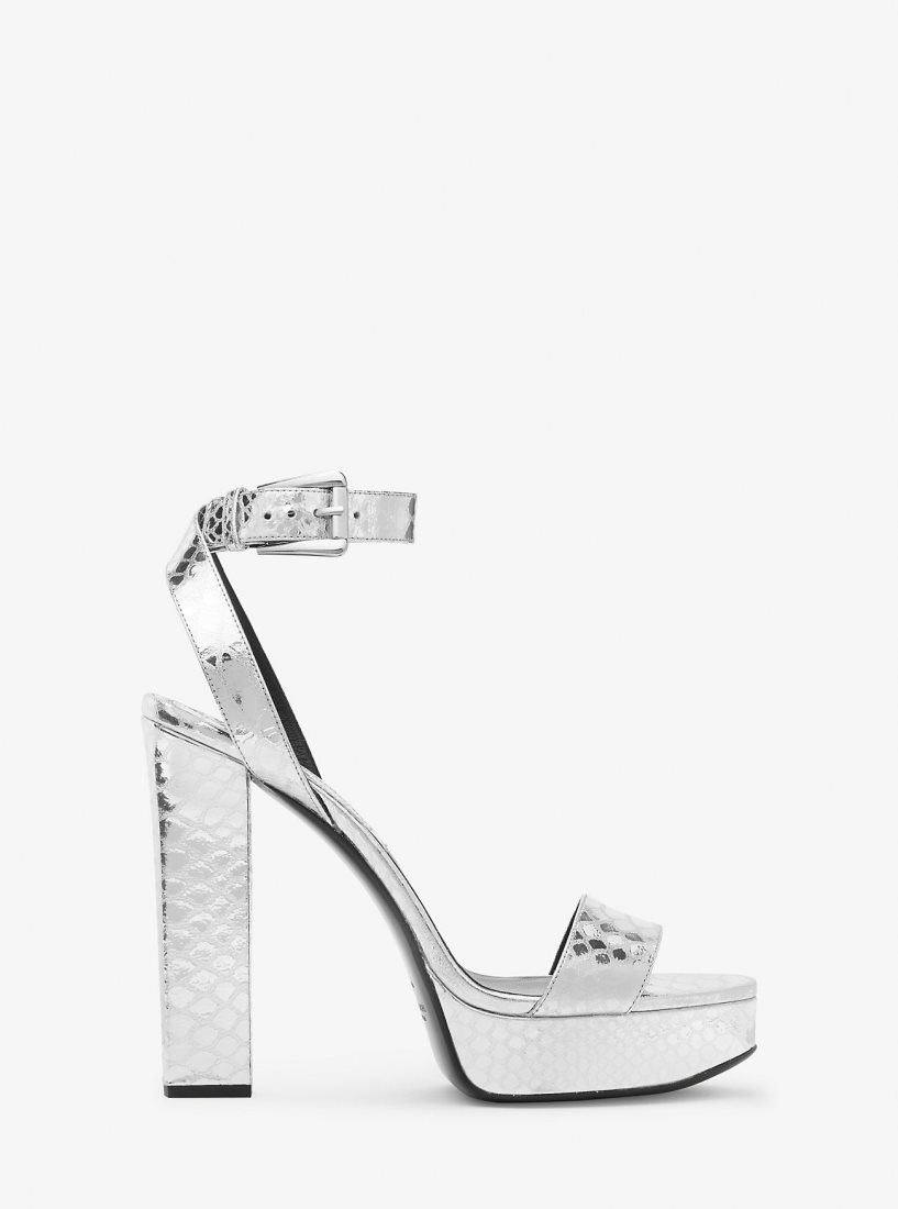 Michael Kors Anabelle Metallic Python Embossed Leather Platform Sandal Sandalen Damen Silber | PDVWNO198