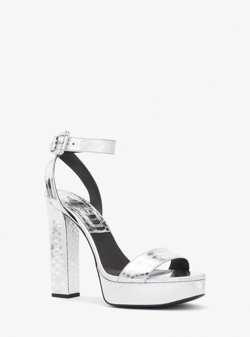 Michael Kors Anabelle Metallic Python Embossed Leather Platform Sandal Sandalen Damen Silber | PDVWNO198