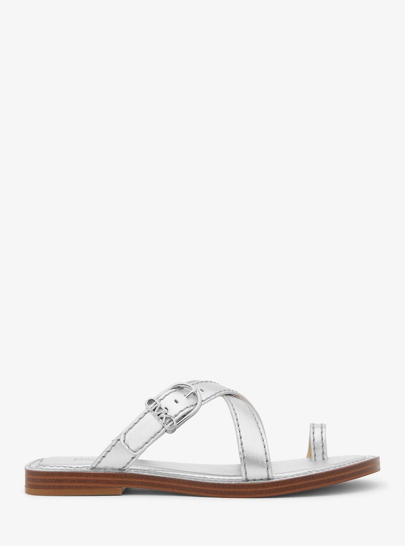 Michael Kors Ashton Metallic Leather Flat Sandal Sandalen Damen Silber | QIVMDU432