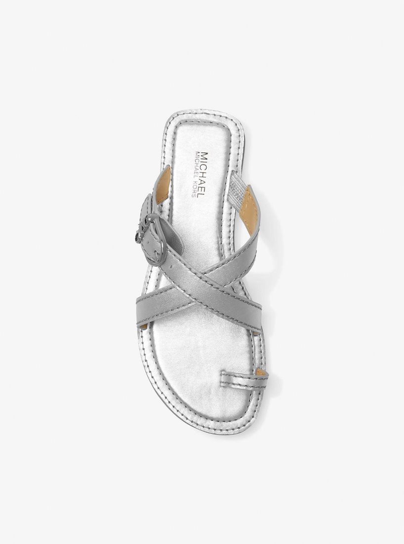 Michael Kors Ashton Metallic Leather Flat Sandal Sandalen Damen Silber | QIVMDU432