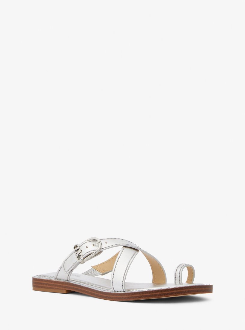 Michael Kors Ashton Metallic Leather Flat Sandal Sandalen Damen Silber | QIVMDU432