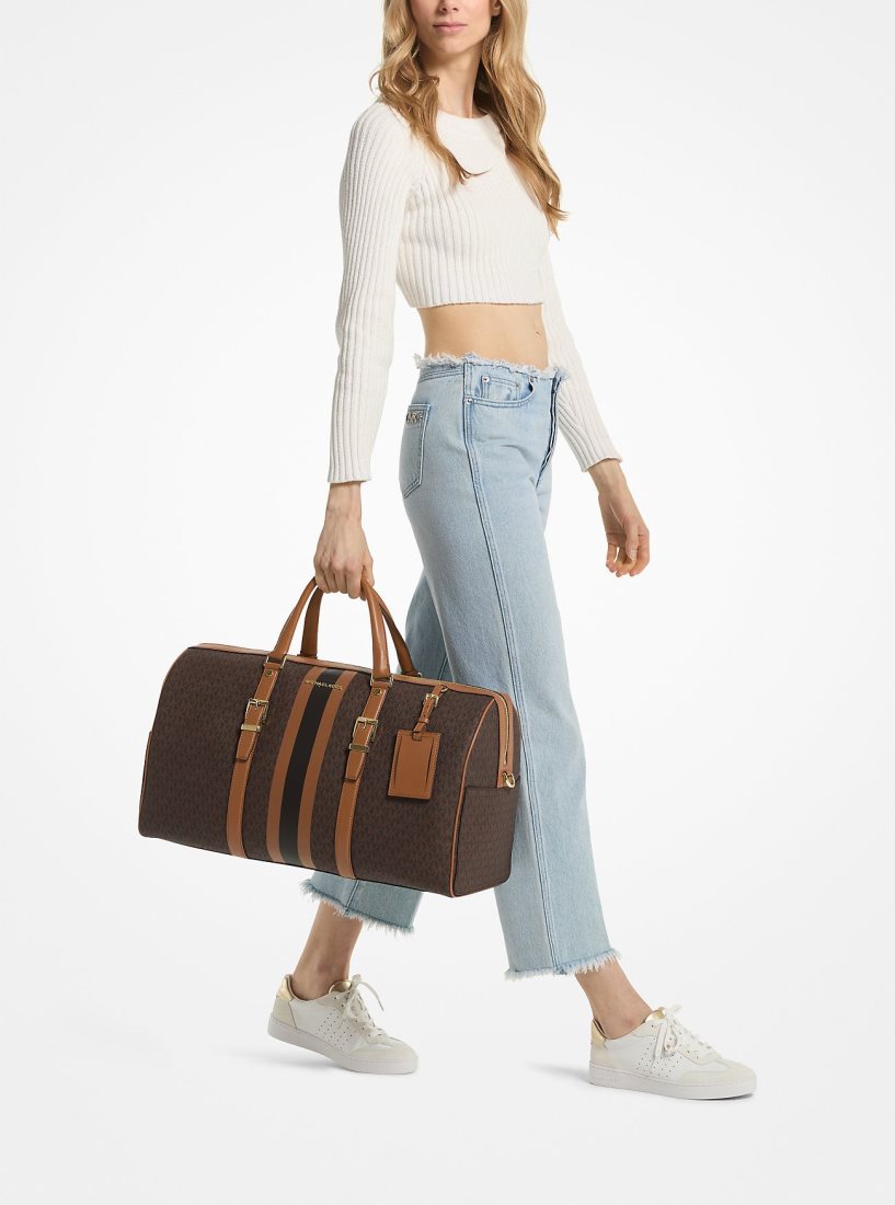 Michael Kors Bedford Travel Extra-Large Logo Stripe Weekender Bag Duffle Tasche Damen Brn/Acorn | DQUAOH381