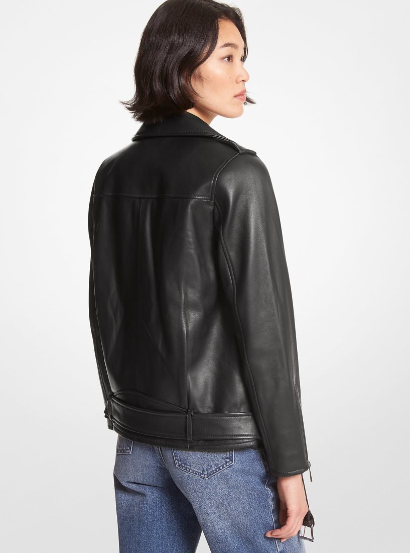Michael Kors Belted Leather Biker Jacket Jacken Damen Schwarz | ORLWIU189