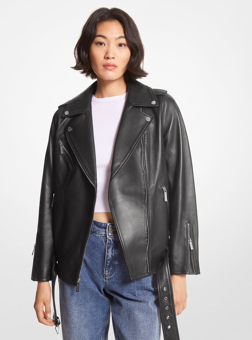 Michael Kors Belted Leather Biker Jacket Jacken Damen Schwarz | ORLWIU189