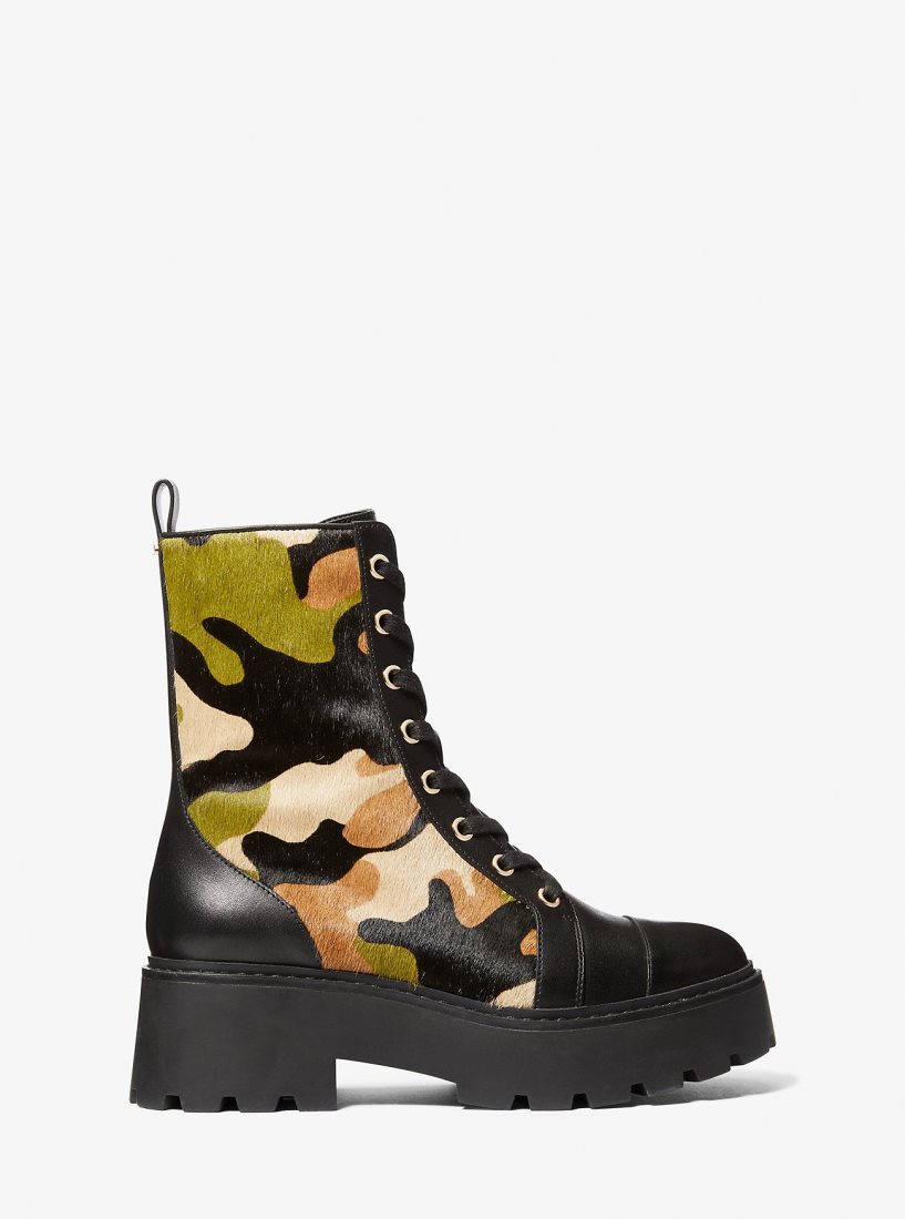 Michael Kors Blake Camouflage Print Calf Hair Combat Boot Stiefel Damen Olivgrün Mehrfarbig | EQCNRP865