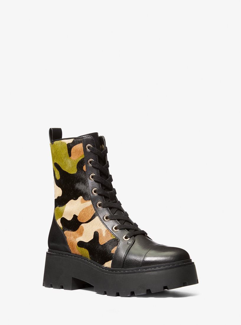 Michael Kors Blake Camouflage Print Calf Hair Combat Boot Stiefel Damen Olivgrün Mehrfarbig | EQCNRP865