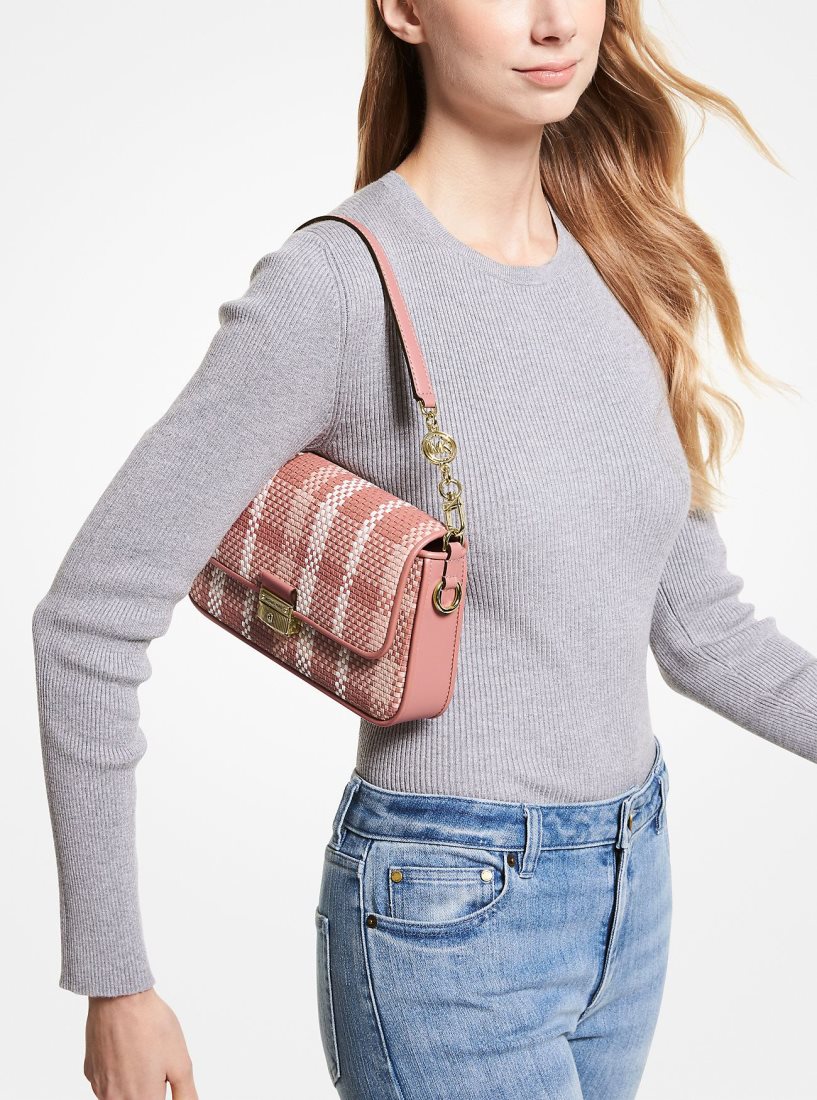 Michael Kors Bradshaw Small Woven Leather Convertible Shoulder Bag Schultertasche Damen Rosa Mehrfarbig | KRNHWU037