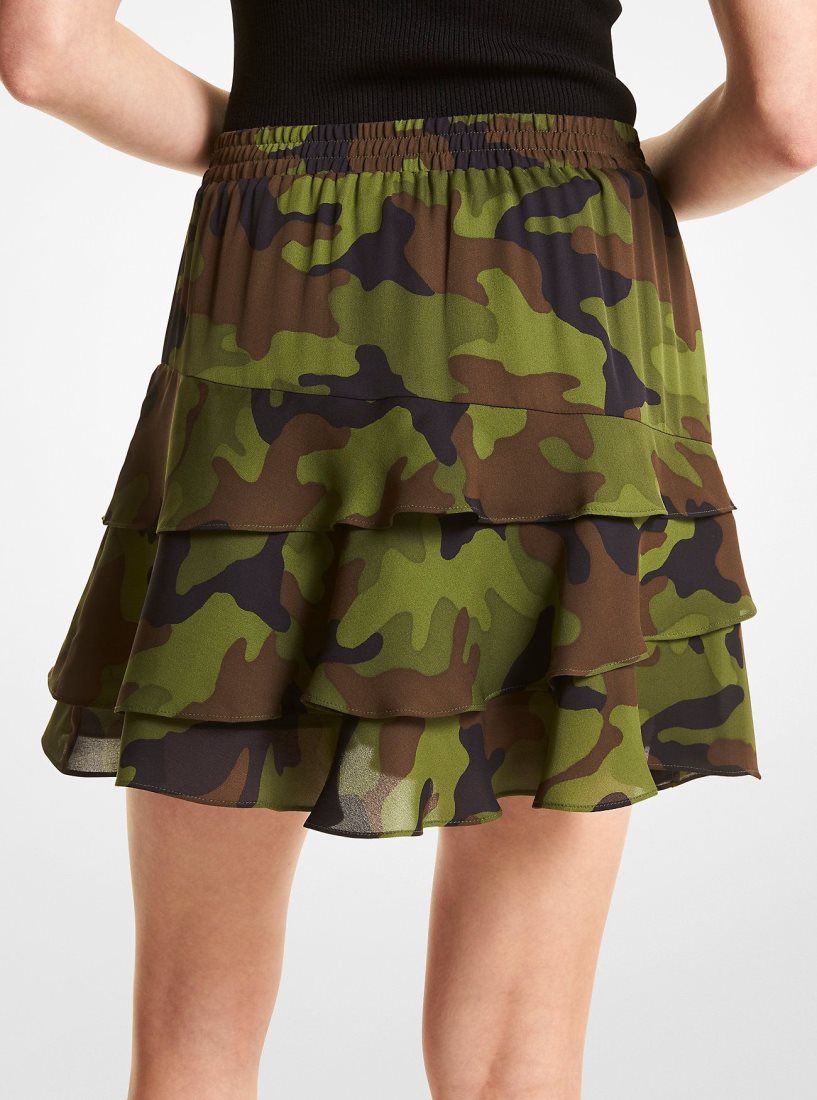 Michael Kors Camouflage Silk Georgette Ruffled Skirt Röcke Damen Olivgrün | AWZHNX547