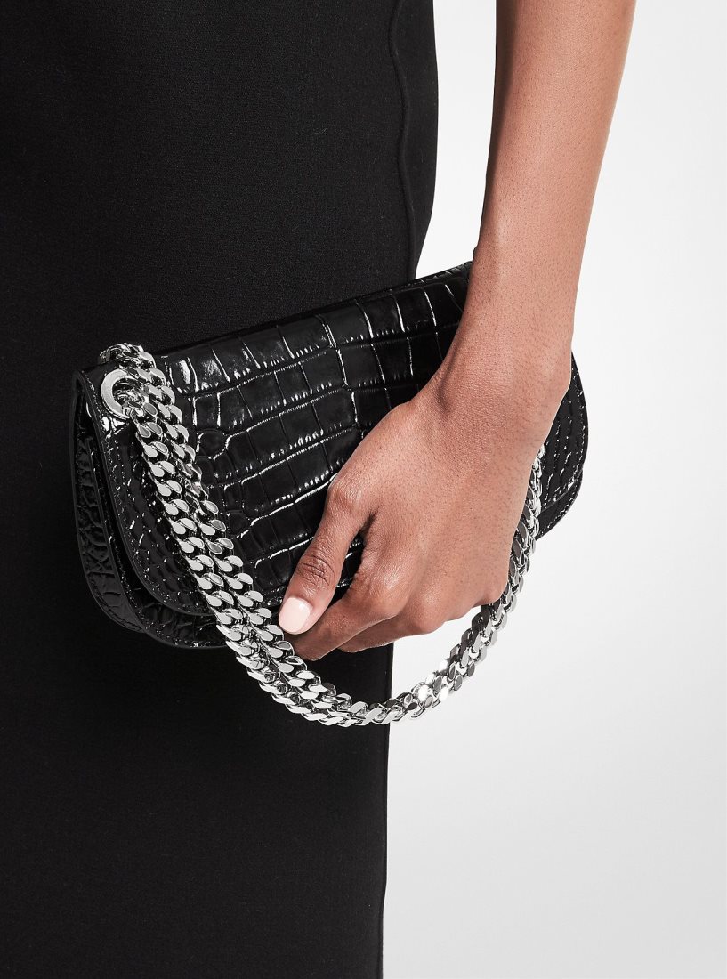 Michael Kors Christie Crocodile Embossed Leather Envelope Bag Unterarmtasche-Taschen Damen Schwarz | KRXCHF107