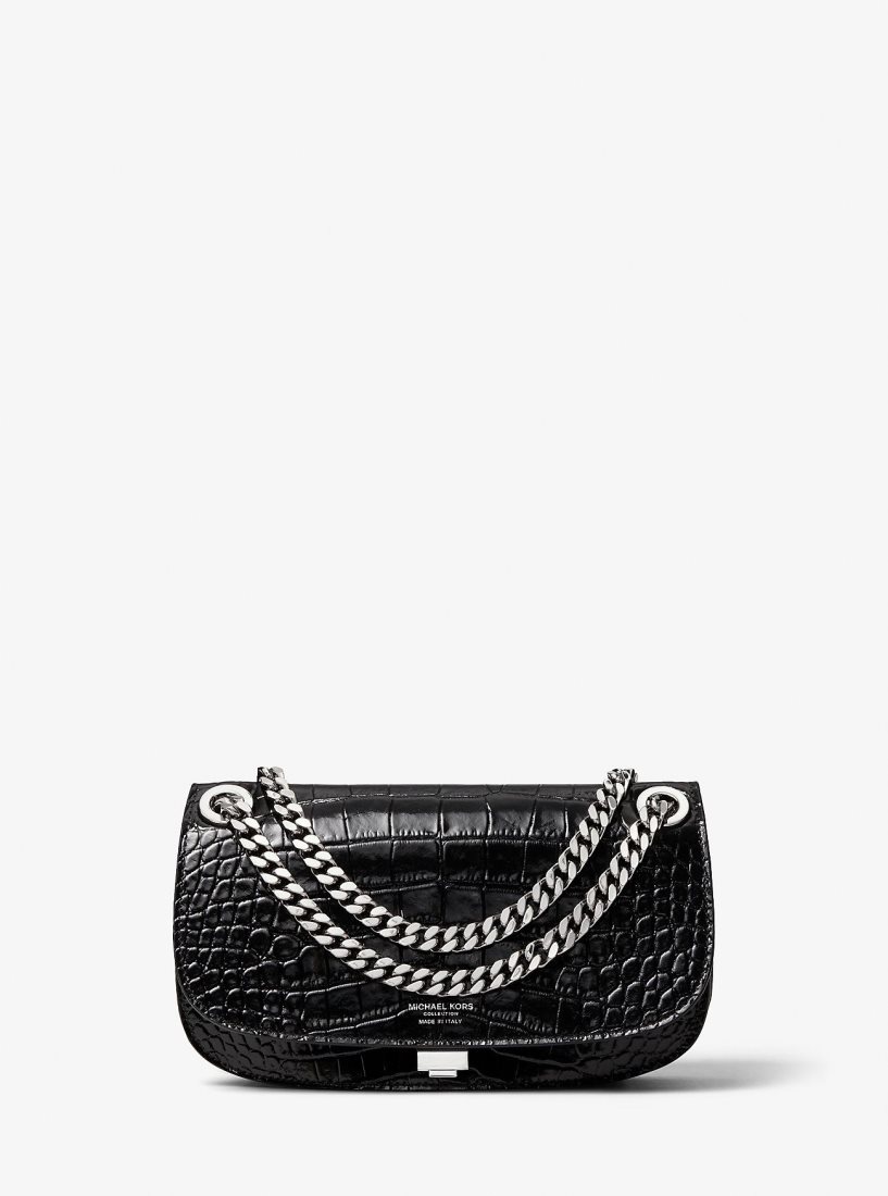Michael Kors Christie Crocodile Embossed Leather Envelope Bag Unterarmtasche-Taschen Damen Schwarz | KRXCHF107