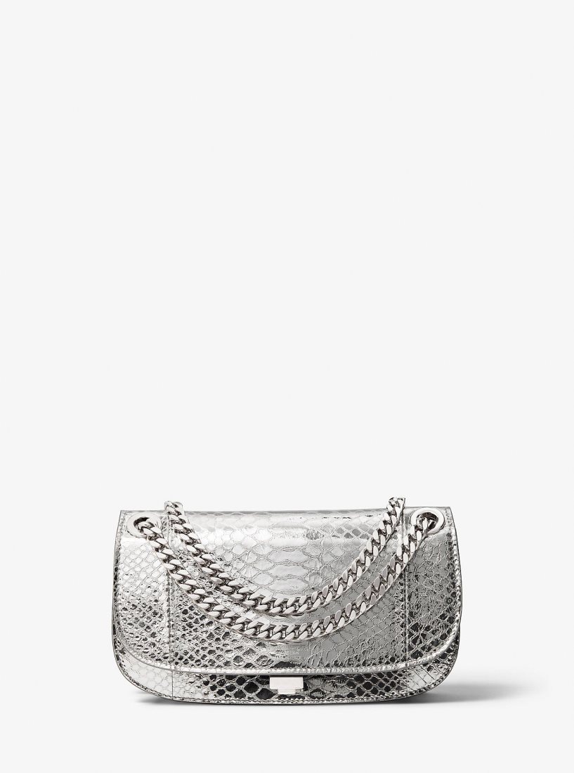 Michael Kors Christie Mini Metallic Python Embossed Leather Envelope Bag Unterarmtasche-Taschen Damen Silber | IQXJFZ275