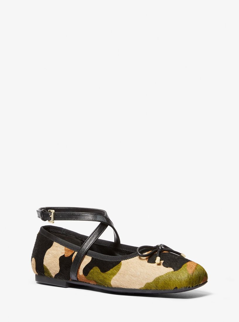Michael Kors Collette Camouflage Print Calf Hair Ballet Flat Flache Schuhe Damen Olivgrün Mehrfarbig | LWDJMN642