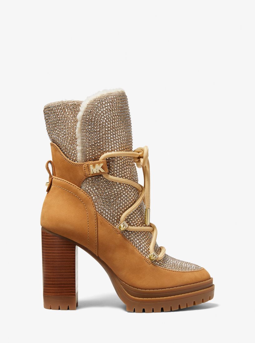 Michael Kors Culver Embellished Nubuck and Glitter Chain Mesh Lace-Up Boot Stiefeletten Damen Braun | GAZNUD423