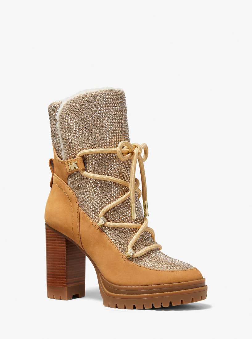 Michael Kors Culver Embellished Nubuck and Glitter Chain Mesh Lace-Up Boot Stiefeletten Damen Braun | GAZNUD423