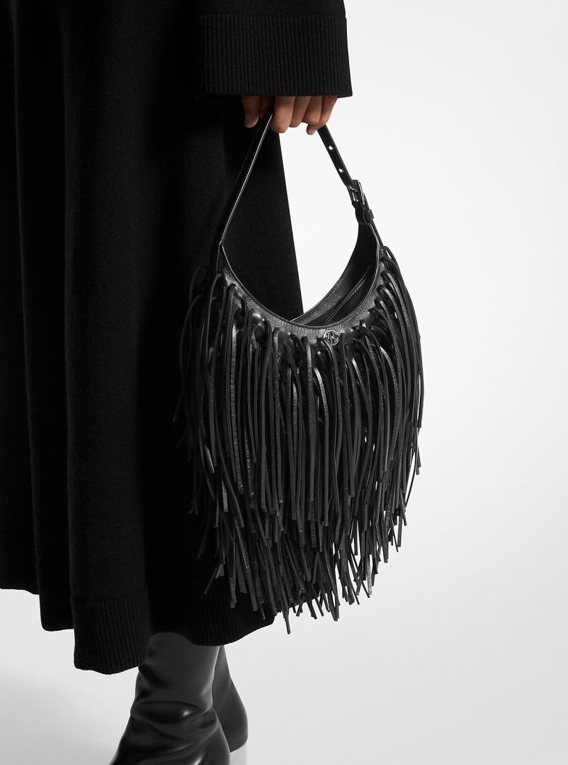 Michael Kors Dyan Small Fringed Leather Shoulder Bag Schultertasche Damen Schwarz | WPGOCS983