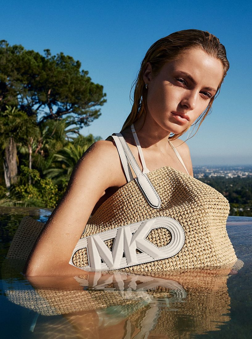 Michael Kors Eliza Extra-Large Empire Logo Straw Tote Bag Handtasche Damen Nat/Opticwht | CSLWKR152