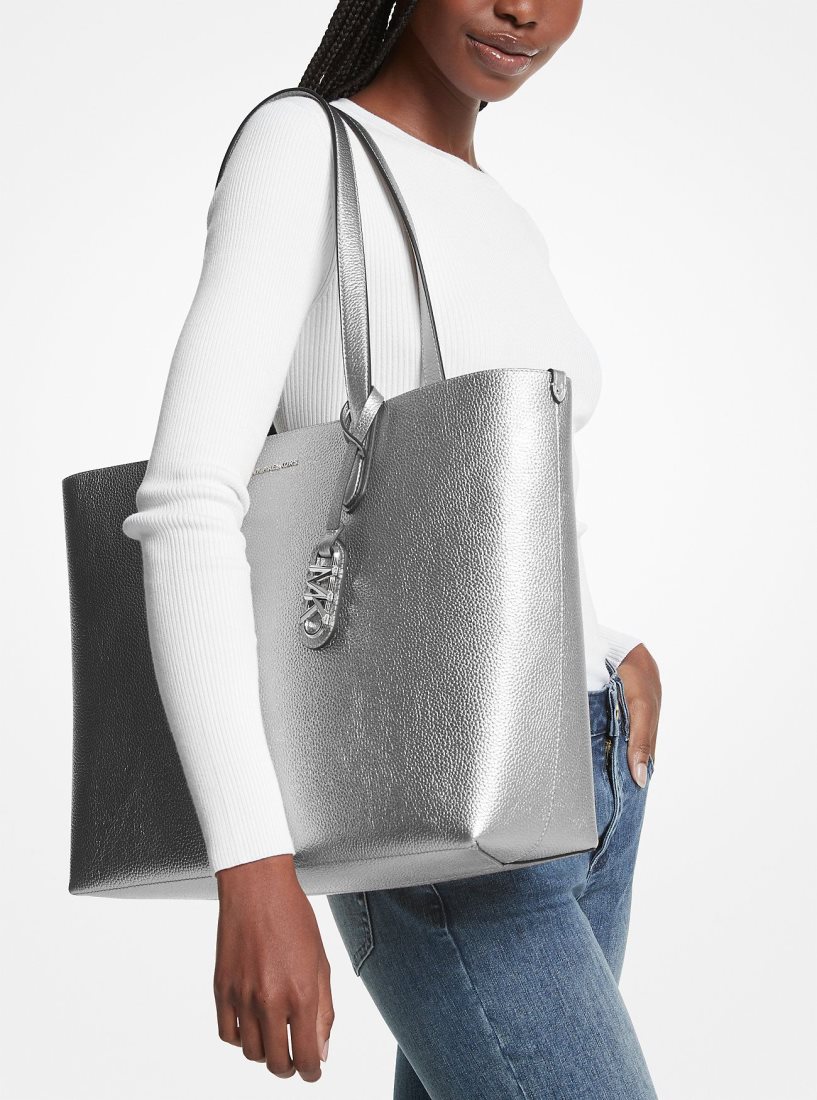 Michael Kors Eliza Extra-Large Metallic Pebbled Leather Reversible Tote Bag Handtasche Damen Silber | PMTVFW201