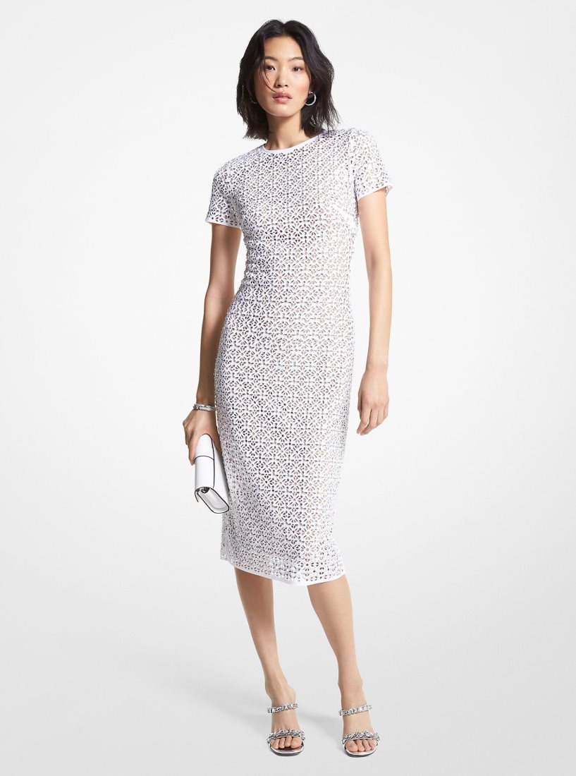 Michael Kors Embellished Laser Cut Scuba Dress Kleid Damen Weiß | DVUPHY254