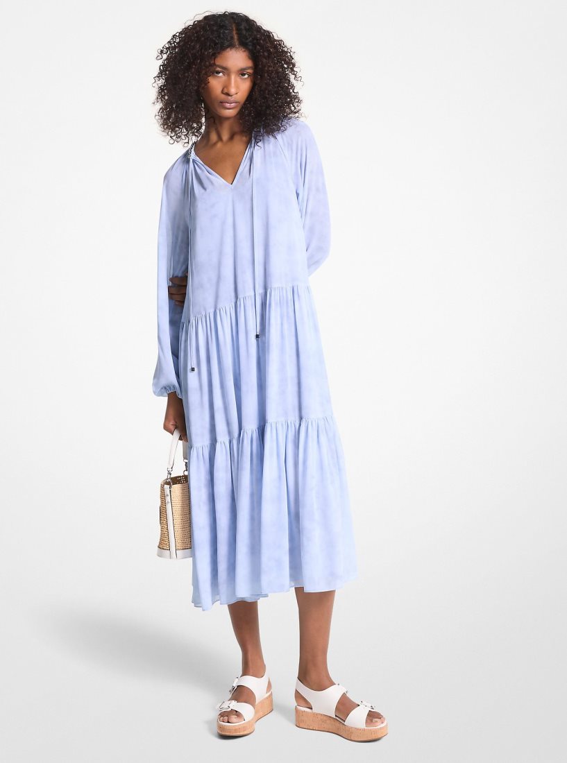 Michael Kors Embellished Printed Georgette Dress Kleid Damen Chambray | RPZGFH076