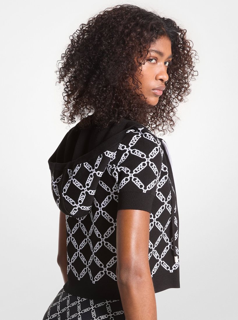 Michael Kors Empire Logo Jacquard Short-Sleeve Hoodie Pullover Damen Schwarz | LNXZSE039