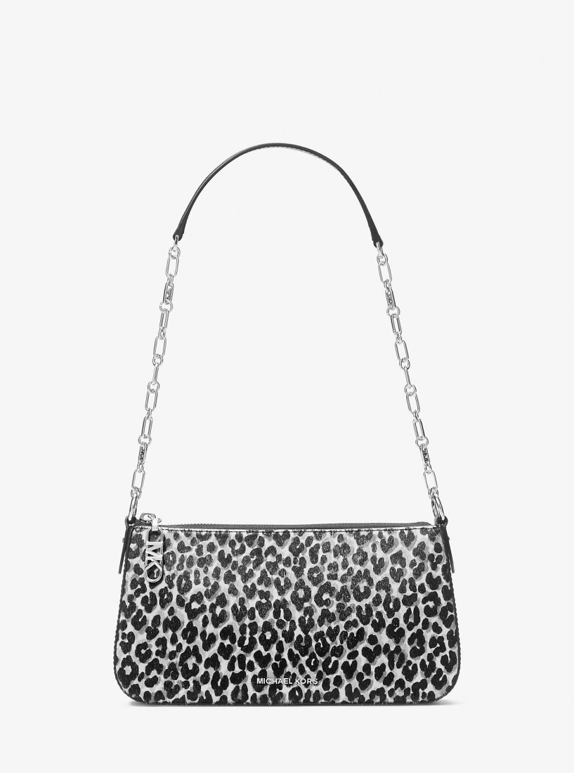 Michael Kors Empire Medium Leopard Print Calf Hair Chain-Link Pochette Umhängetasche Damen Schwarz | RBXOCZ736