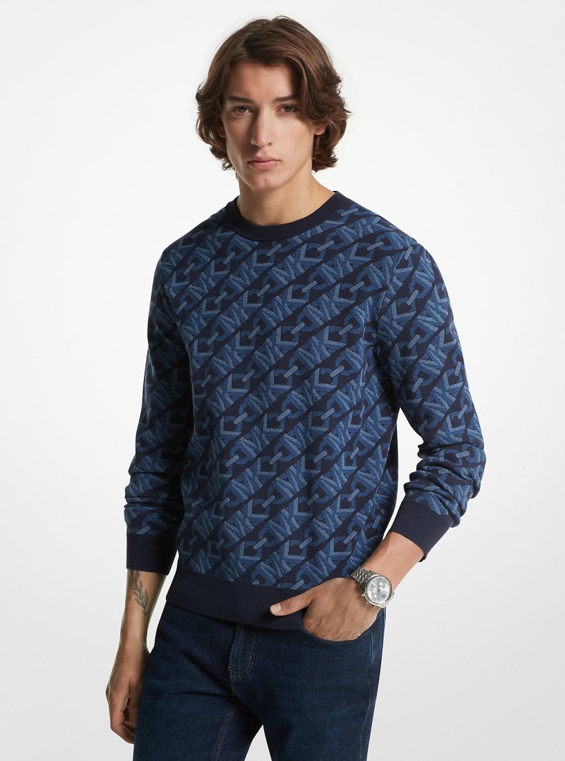 Michael Kors Empire Signature Logo Jacquard Merino Wool Sweater Pullover Herren Midnight | DLBMWX496