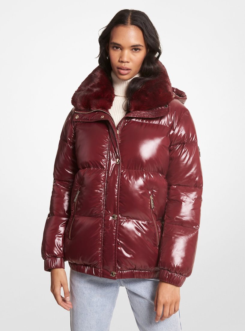 Michael Kors Faux Fur-Trim Quilted Nylon Puffer Jacket Jacken Damen Bordeaux | HTYCND026
