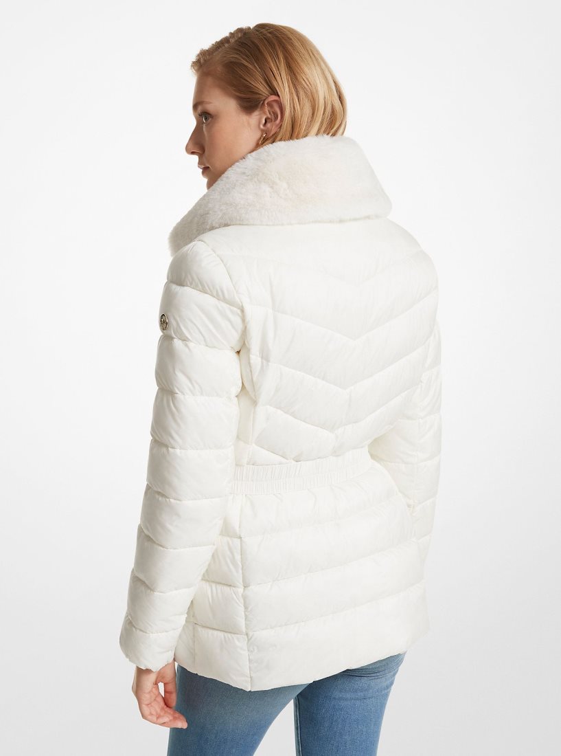 Michael Kors Faux Fur Trim Quilted Nylon Packable Puffer Jacket Jacken Damen Beige | NQFYXW617