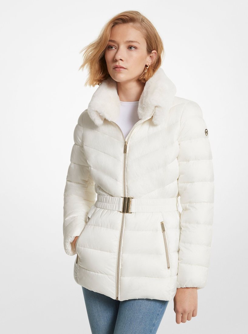 Michael Kors Faux Fur Trim Quilted Nylon Packable Puffer Jacket Jacken Damen Beige | NQFYXW617