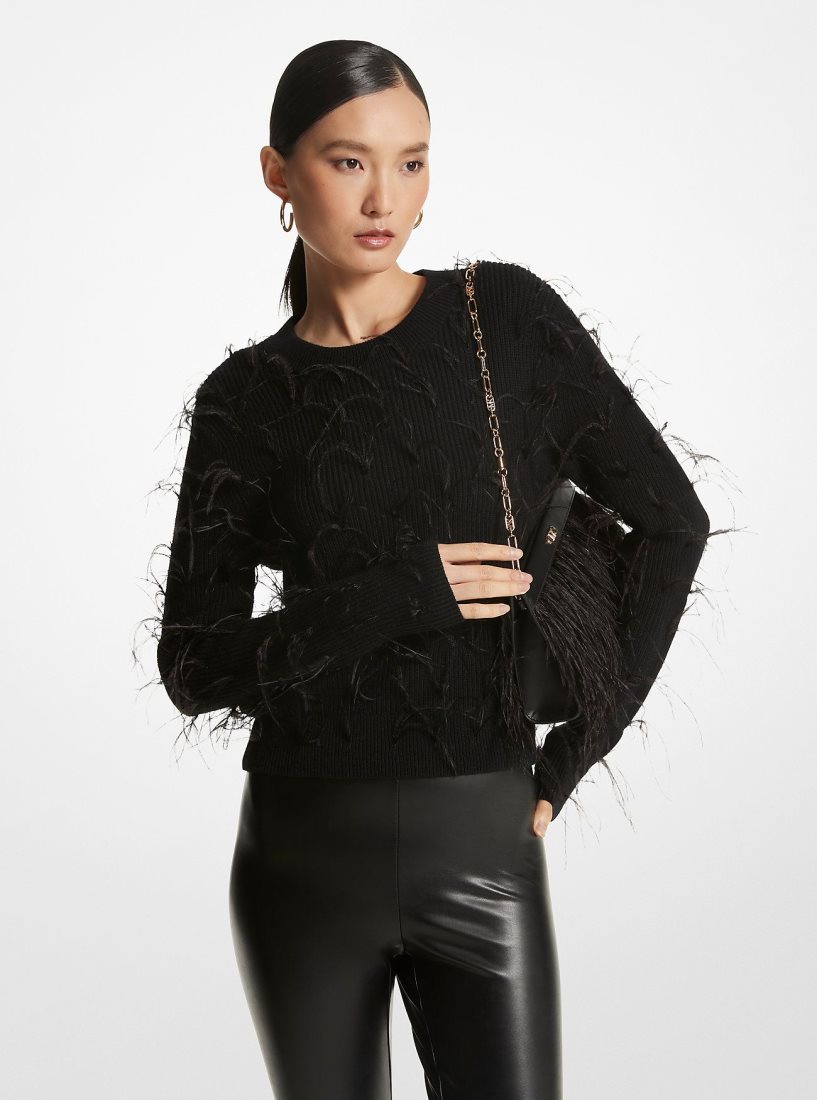 Michael Kors Feather Embellished Merino Wool Blend Cropped Sweater Pullover Damen Schwarz | LXUARM539