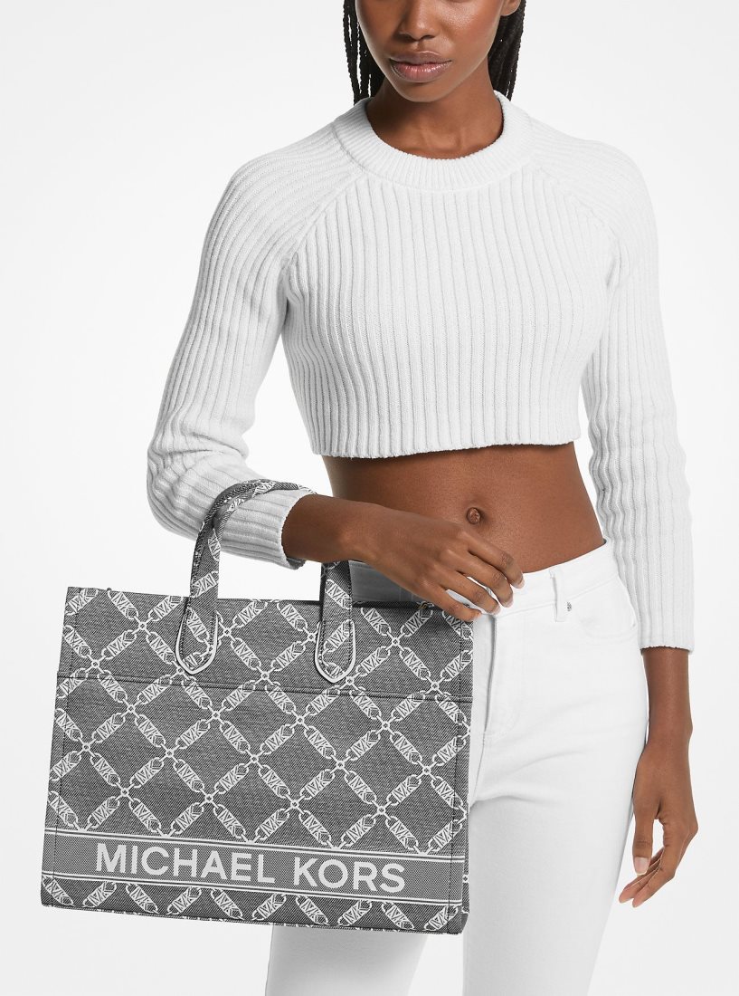 Michael Kors Gigi Large Empire Logo Jacquard Tote Bag Handtasche Damen Schwarz Weiß | YBPSHU015