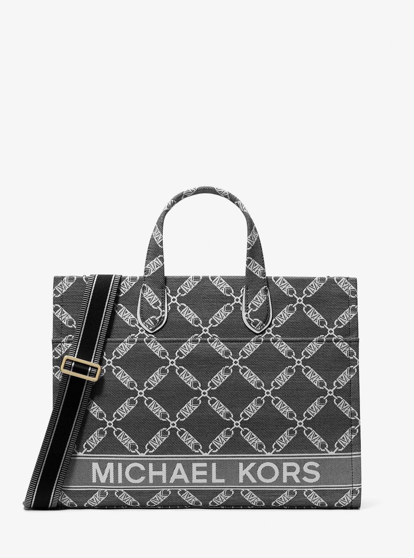 Michael Kors Gigi Large Empire Logo Jacquard Tote Bag Handtasche Damen Schwarz Weiß | YBPSHU015