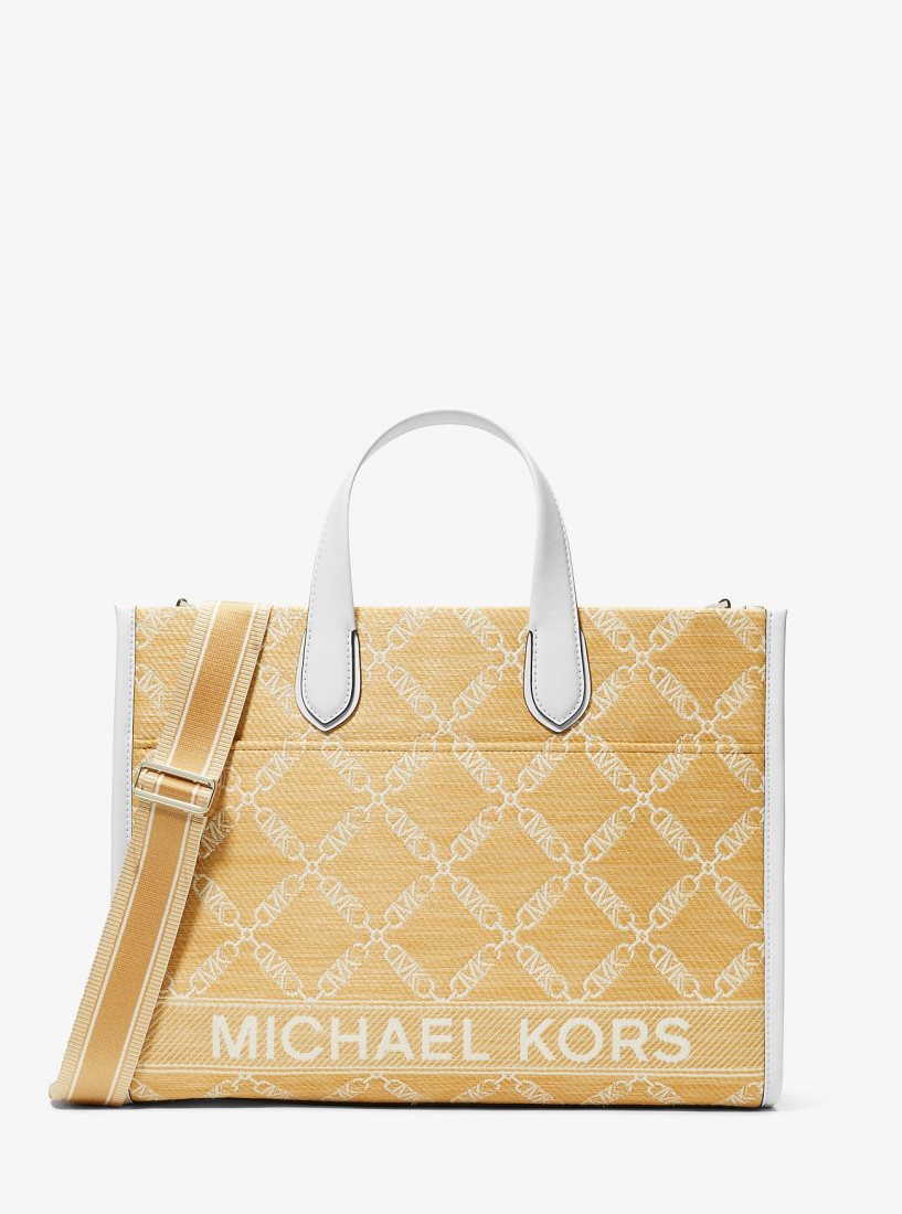 Michael Kors Gigi Large Empire Logo Jacquard Straw Tote Bag Handtasche Damen Nat/Opticwht | FYXJVB029