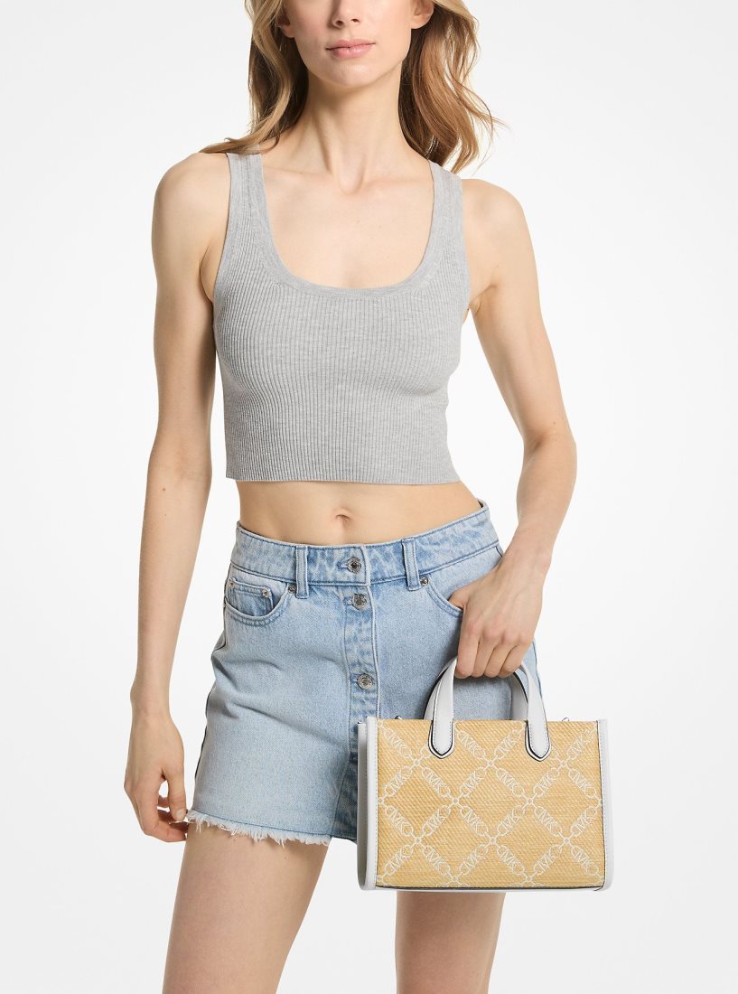 Michael Kors Gigi Small Empire Logo Jacquard Straw Messenger Bag Umhängetasche Damen Nat/Opticwht | MRBSFV753