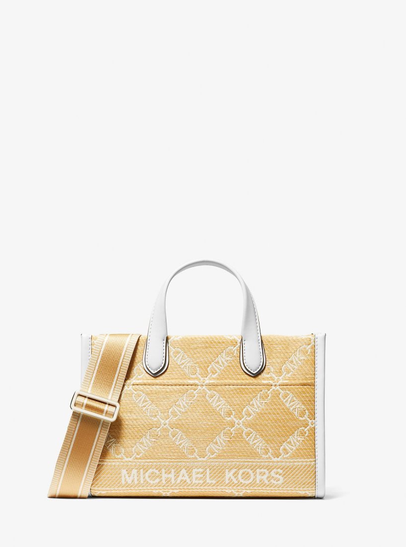 Michael Kors Gigi Small Empire Logo Jacquard Straw Messenger Bag Umhängetasche Damen Nat/Opticwht | MRBSFV753