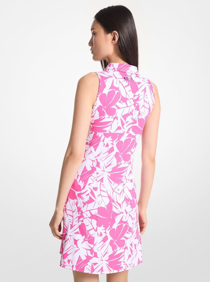 Michael Kors Golf Palm Print Stretch Knit Zip-Up Polo Dress Kleid Damen Rosa | RNQYKG456