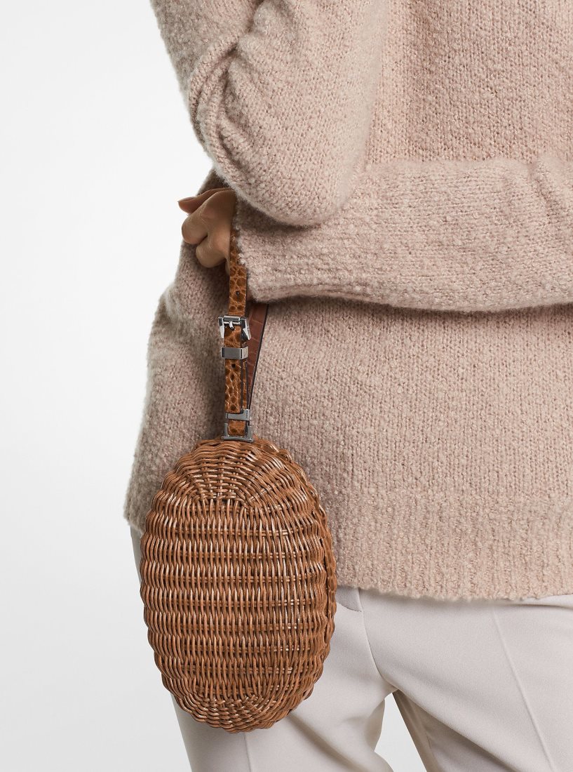 Michael Kors Gramercy Rattan and Crocodile Embossed Leather Minaudiere Unterarmtasche-Taschen Damen Braun | PUQTWO637