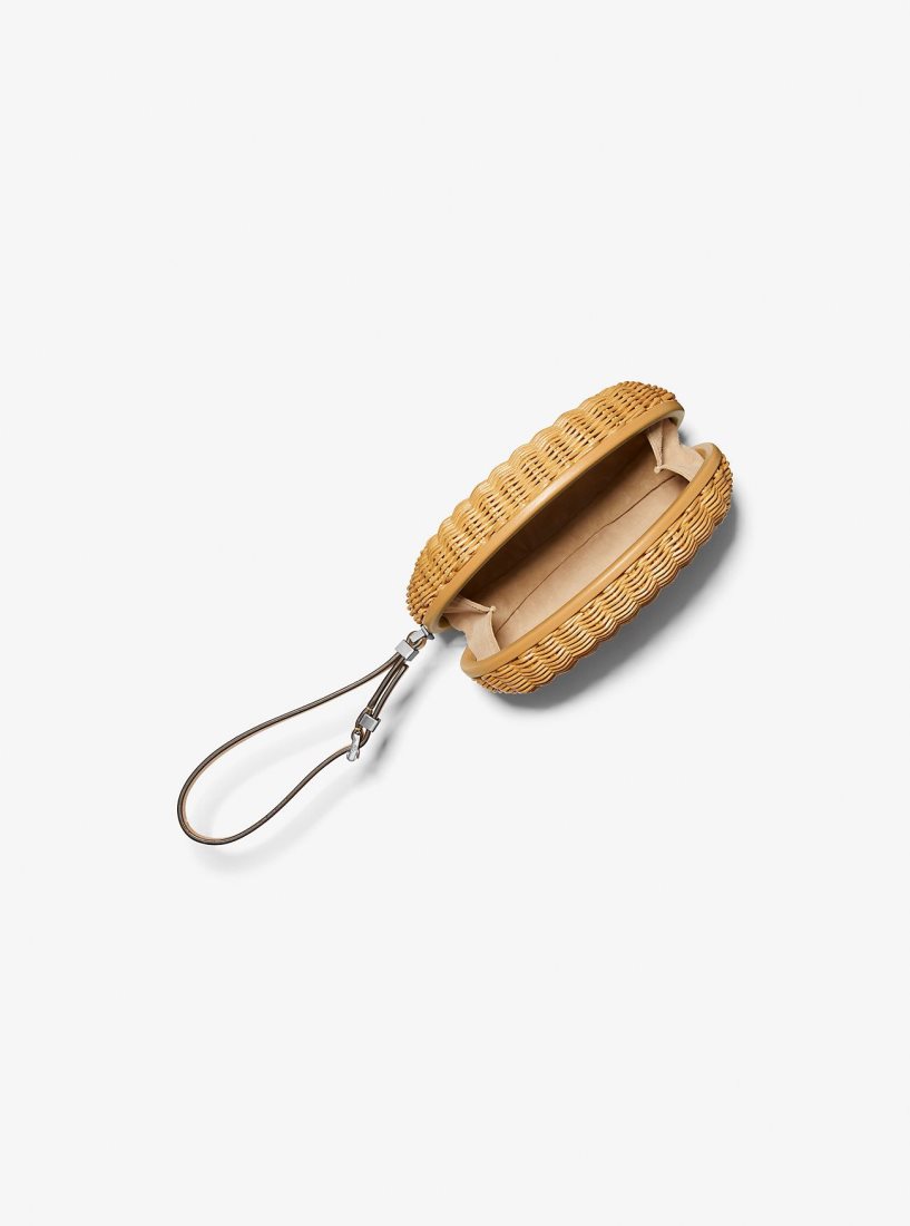 Michael Kors Gramercy Rattan and Leather Minaudiere Unterarmtasche-Taschen Damen Peanut | GAYORE185