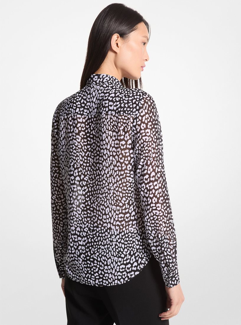 Michael Kors Graphic Leopard Print Georgette Tie-Neck Blouse Oberteile Damen Schwarz Weiß | FEPBGS765