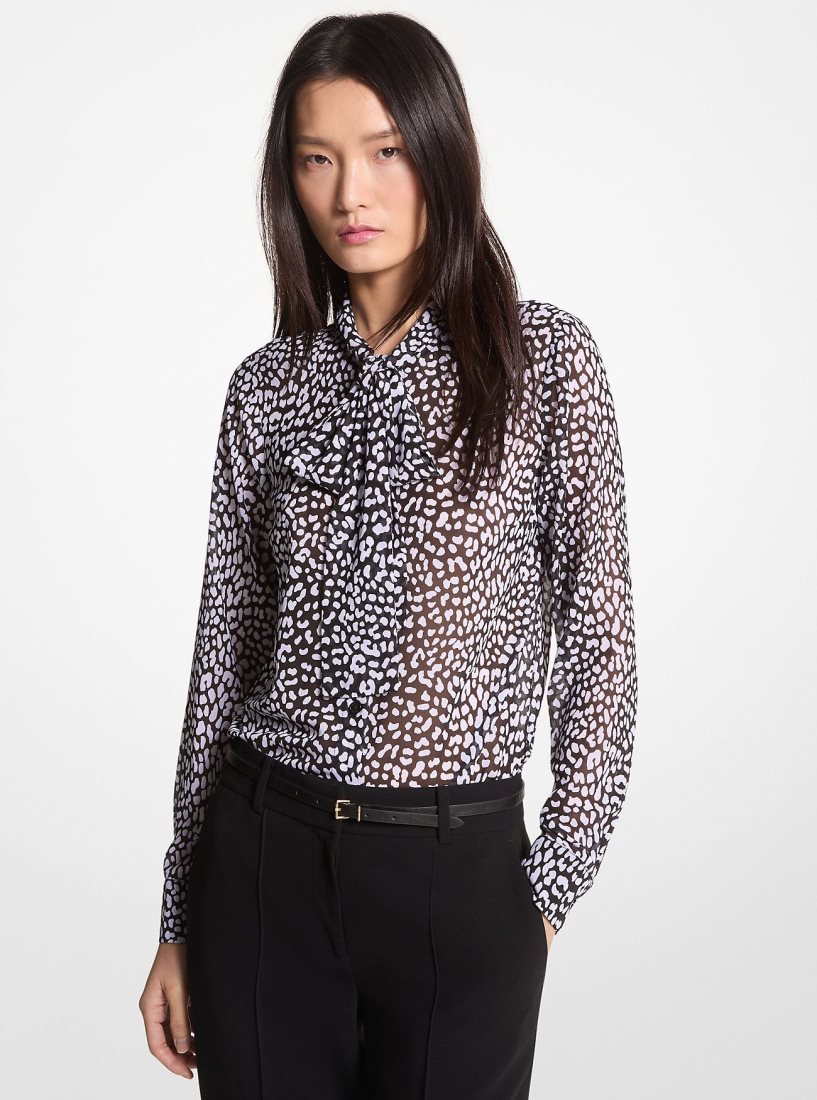 Michael Kors Graphic Leopard Print Georgette Tie-Neck Blouse Oberteile Damen Schwarz Weiß | FEPBGS765