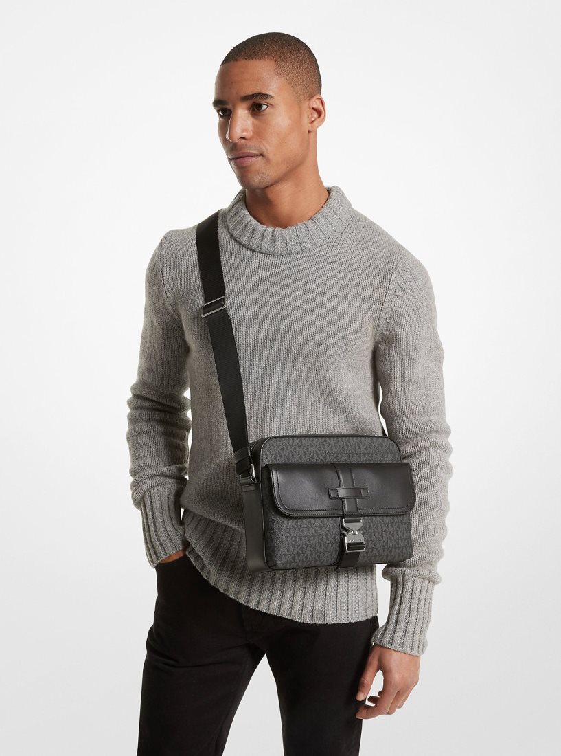 Michael Kors Hudson Signature Logo and Leather Camera Bag Umhängetasche Herren Schwarz | HZDLJG823