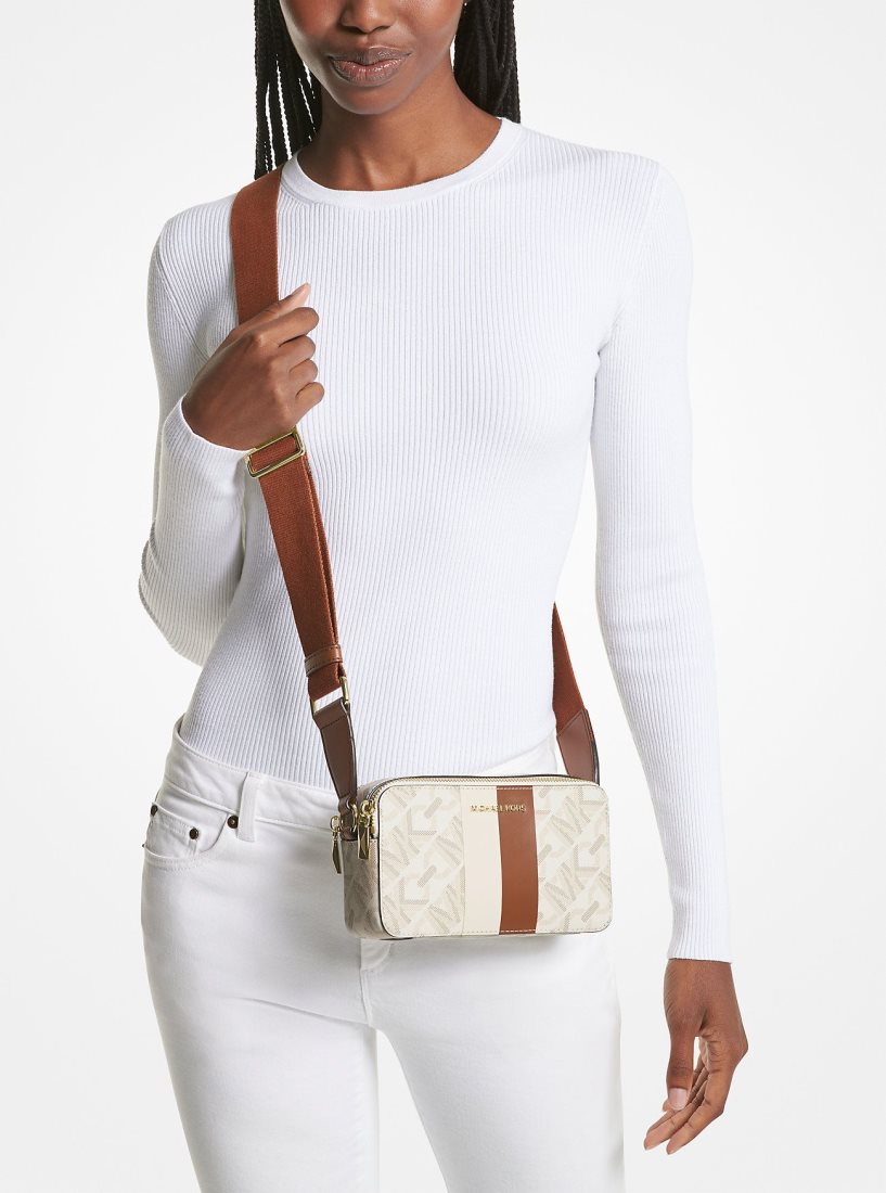 Michael Kors Jet Set Small Empire Signature Logo Stripe Double-Zip Camera Bag Umhängetasche Damen Hellgelb | JFBTVU924