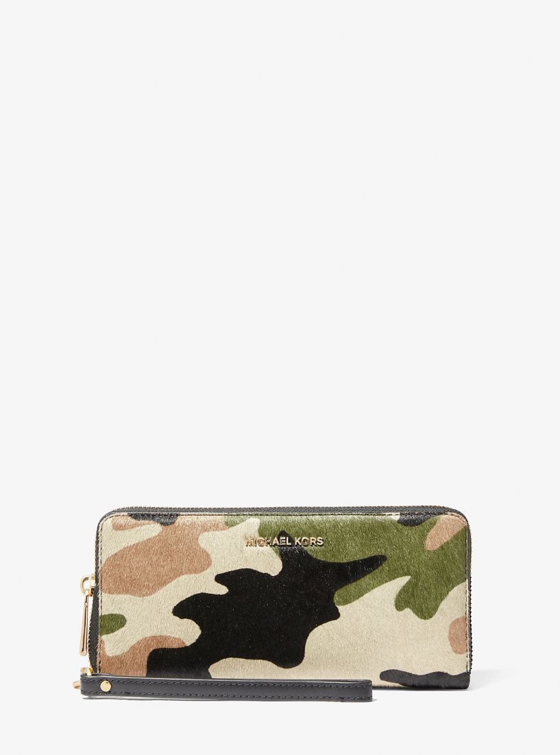 Michael Kors Jet Set Travel Large Camouflage Print Calf Hair Continental Wallet Geldbörse Damen Olivgrün Mehrfarbig | DKCAHI356