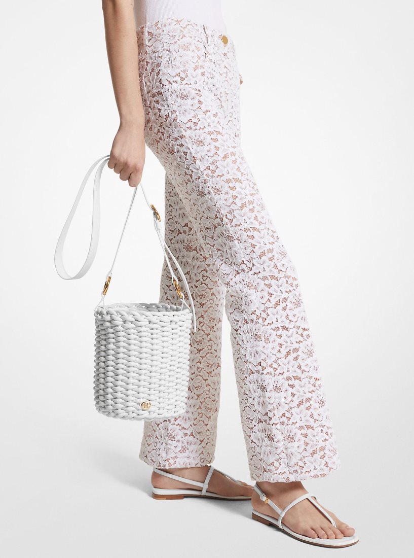 Michael Kors Julie Large Woven Leather Bucket Bag Satchel Tasche Damen Weiß | NUJQEI910