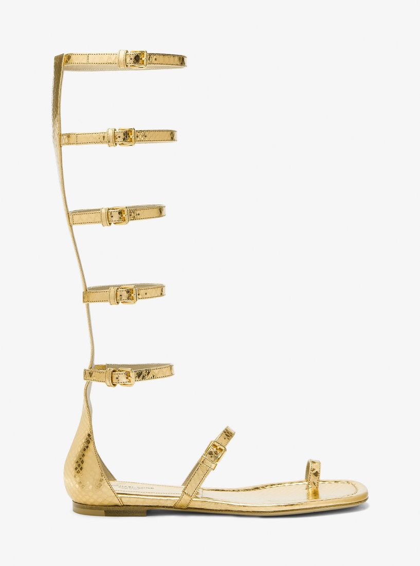 Michael Kors Juliette Metallic Python Embossed Leather Gladiator Sandal Flache Schuhe Damen Gold | OCZMBP563