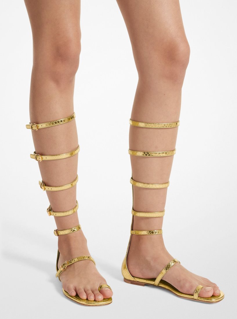 Michael Kors Juliette Metallic Python Embossed Leather Gladiator Sandal Flache Schuhe Damen Gold | OCZMBP563