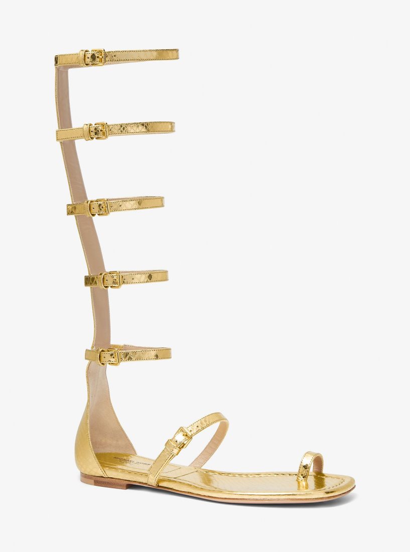 Michael Kors Juliette Metallic Python Embossed Leather Gladiator Sandal Flache Schuhe Damen Gold | OCZMBP563