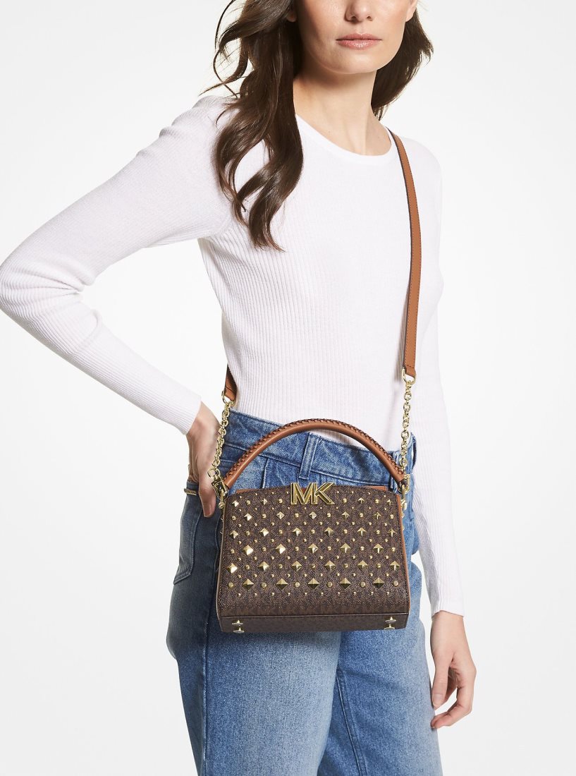 Michael Kors Karlie Small Studded Logo Crossbody Bag Umhängetasche Damen Brn/Acorn | JVTAQF954