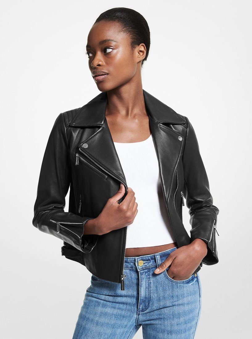 Michael Kors Leather Moto Jacket Jacken Damen Schwarz | SZBRLO305