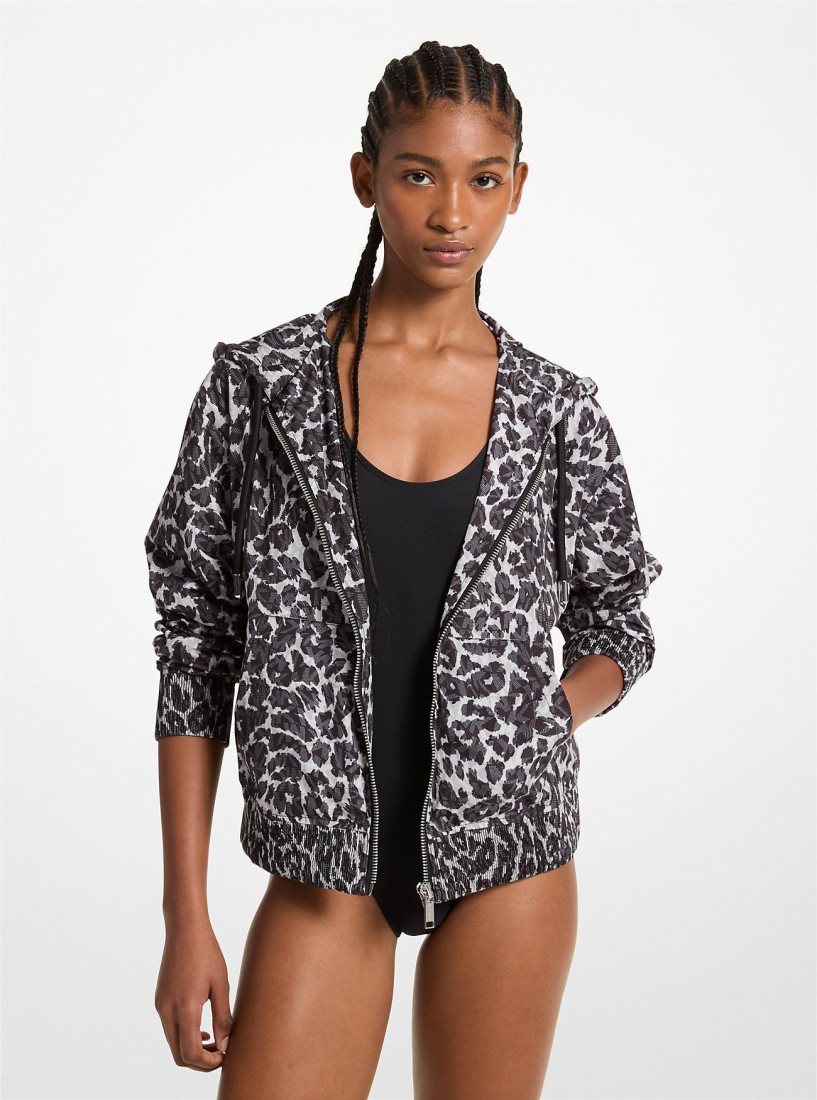 Michael Kors Leopard Logo Print Woven Zip-Up Hoodie Pullover Damen Grau | QERLFI693